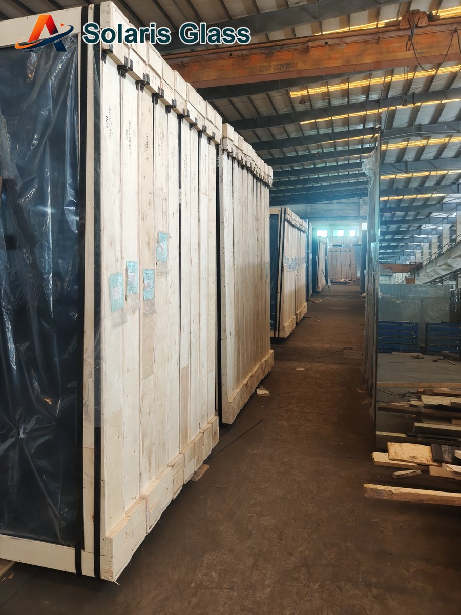 Wooden glass export crates staged in the warehouse