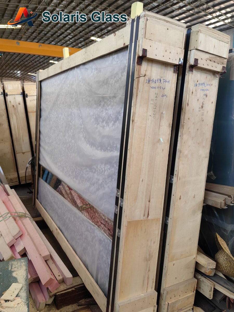 Glass packed in wooden export crates in the warehouse